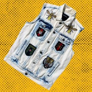 Acid Wash Denim Vest with Patches
